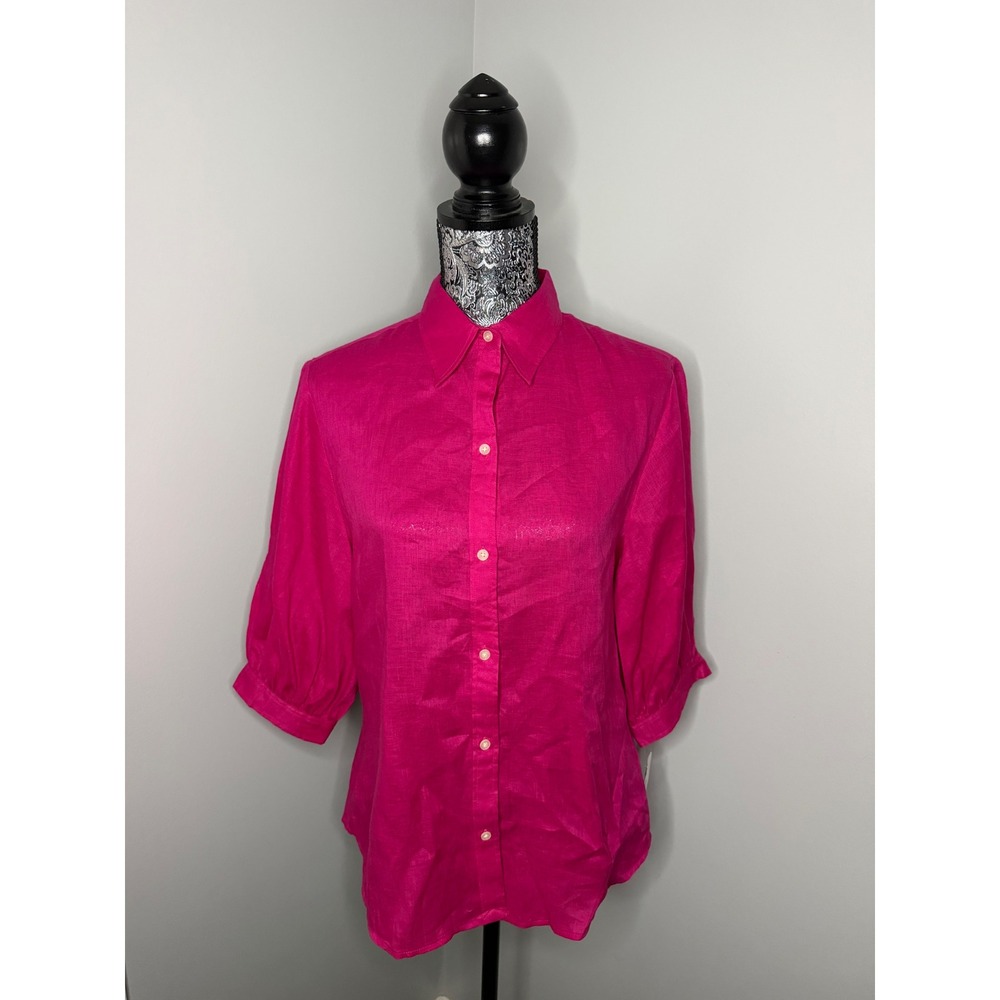Lauren Ralph Lauren Magenta Pink 100% Linen Puff Sleeve Button Down Shirt NWT L